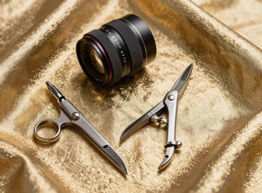 A set of professional tailoring tools lying on a piece of shimmering metallic gold fabric.