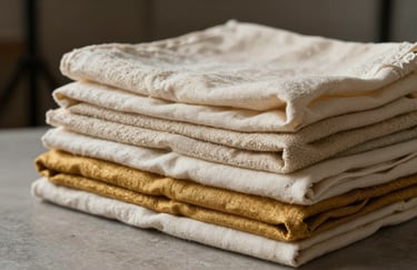 A stack of folded high-quality linen fabrics in shades of soft cream and antique gold in a professional studio.