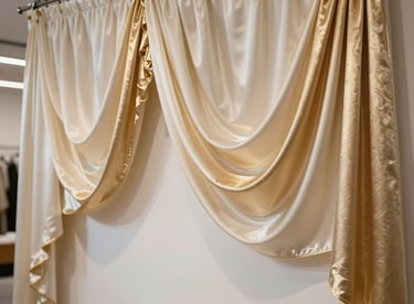 Elegant drapes of soft cream and shimmering metallic gold silk hanging in a bright, modern showroom.