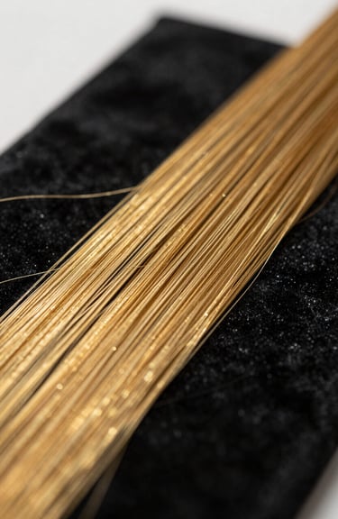 A macro shot of shimmering metallic gold silk threads woven into a deep black velvet base, soft focus background.