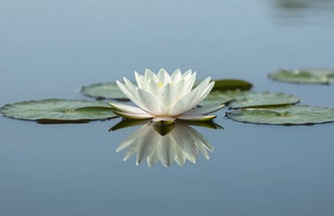 A balanced composition of a water lily on a still pond surface, reflecting a clear sky. Symmetrical and peaceful style using #94B5A5 and #EDF3F1.