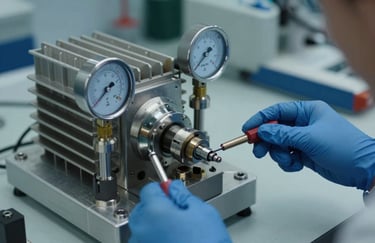 Close-up of high-precision refrigeration tools and gauges on a technician's workbench, professional studio lighting, focus on technology and accuracy, steel blue color palette.