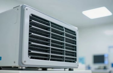 Macro shot of a high-tech air filtration system being installed in a modern Brazilian hospital, focus on clean technology and precision, bright professional lighting.