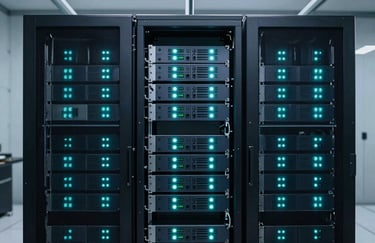 A high-tech server rack with glowing Deep Navy and Muted Teal lights in a clean, professional data center in India.