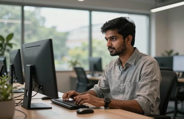 A software engineer working in a modern South Asian / Indian tech park, soft natural lighting through large windows, professional atmosphere.