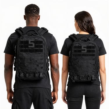 Adult men and women with black back packs on with 5 on it.