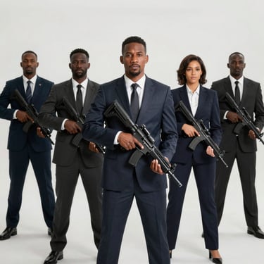 Professional security team in formal suits holding tactical rifles for executive protection services.