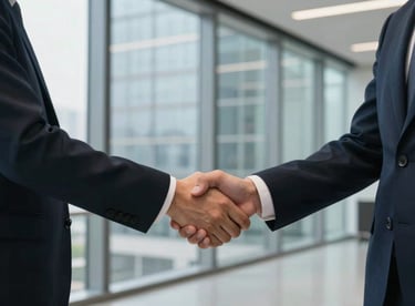 A handshake between a professional and a client in a sleek, glass-walled office in East Asian / Hong Kong / Greater Bay Area.