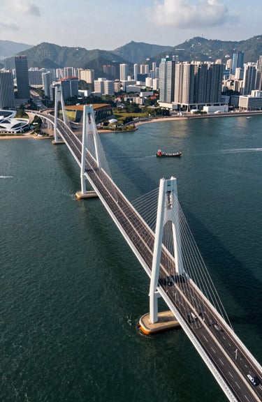 An aerial view of the Hong Kong-Zhuhai-Macao Bridge, symbolizing connection within the Greater Bay Area, in daylight.