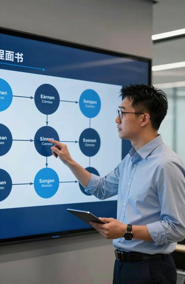 A professional consultant in a modern East Asian / Hong Kong / Greater Bay Area office explaining a roadmap on a digital screen, Sky Blue and Dark Navy Blue accents.