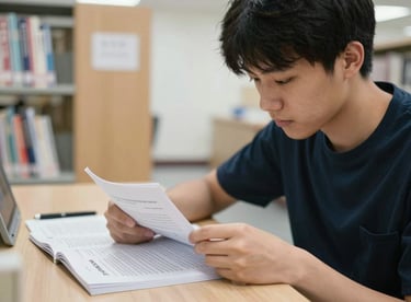 A close-up of a student studying DSE preparation materials in a clean, minimalist library in East Asian / Hong Kong / Greater Bay Area.