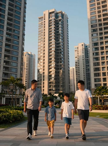 A family walking through a modern high-end residential district in Hong Kong during golden hour.