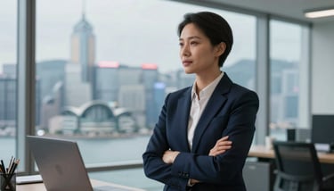 A lifestyle shot of a modern apartment interior in Hong Kong with Soft Mist White decor and a view of the city.