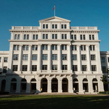 The iconic architecture of a top-tier Hong Kong university under a clear Sky Blue sky.