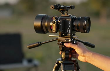 A hand adjusting a high-tech video tripod, professional gear details, cinematic depth of field, vibrant sun yellow light hitting the metal.