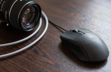 Close-up of a high-speed fiber optic cable and a modern computer mouse on a dark wood surface, symbolizing rapid digital connectivity in Southern France.