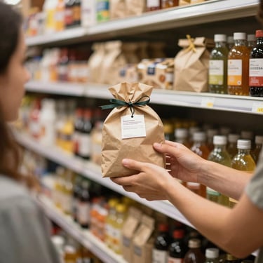 A person handing a neatly packaged purchase to a customer in a modern Brazilian store, focus on the exchange, bright and reliable mood.