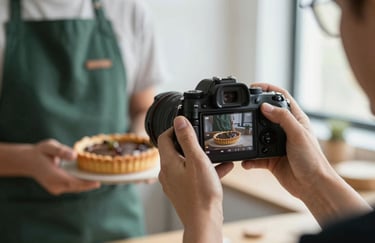 Close-up of a content creator's hands holding a professional camera, framing a shot of a rustic tart. The creator wears a forest green apron (#355E3B). Soft window light, cozy workshop atmosphere.