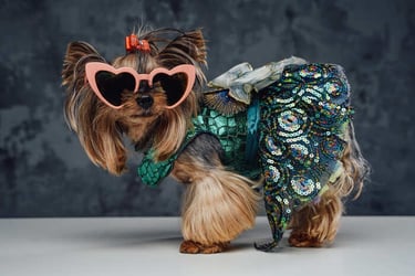 Perrita yorkshire con lentes rosas de corazón  y vestido verde con lentejuelas