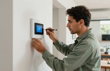 A Brazilian electrician installing a smart home panel with precision. The professional is focused, wearing a Muted Sage Green work shirt. The setting is a clean, modern South American / Brazilian house.