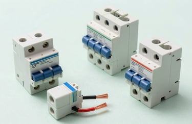 High-quality electrical components like circuit breakers and copper wiring arranged neatly on a Soft Mint White surface. Professional studio lighting emphasizes the reliability and quality of the materials.