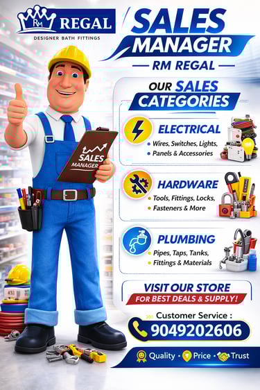 RM Regal Sales Manager poster showcasing electrical, hardware, and plumbing supplies with contact details.