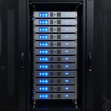 A minimalist North American server rack glowing with soft slate blue lights in a temperature-controlled, dark data center.