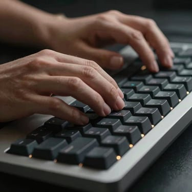 Close-up of hands typing on a mechanical keyboard with subtle backlighting in a dark room, sophisticated technical atmosphere.