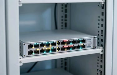 A sharp, clear photograph of an industrial network router with glowing activity lights in a clean, professional North American server closet, light blue and off-white color palette.