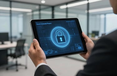 A professional photograph of a digital tablet displaying security encryption keys, held by a person in a corporate suit within a modern glass-walled North American office.