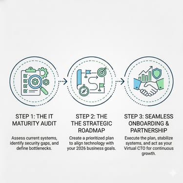 FxiT IT Solutions 3-step process for IT Maturity Audit, Managed Execution for business infrastructure