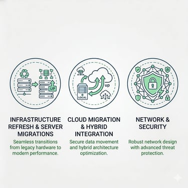 IT project services, Infrastructure Refresh, Microsoft Azure Cloud Migration, and Enterprise Network Security Hardening.