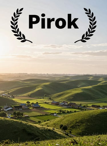 A wide shot of rural Pirok at sunrise, showing rolling green hills and traditional farms meeting a modern, clean horizon under a cloud white sky.