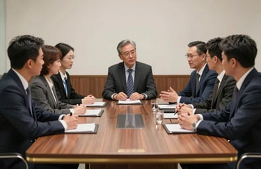 A group of professionals in tailored suits in an International / Global boardroom, discussing strategy over a clean mahogany table with gold accents.