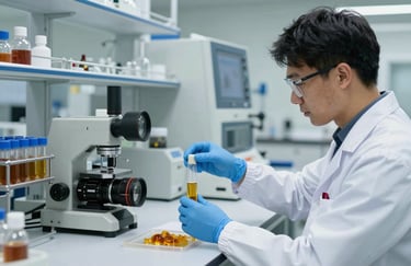 A professional laboratory setting in an International / Global research center, where a specialist is analyzing crude oil samples, featuring clean lines and steel blue equipment.