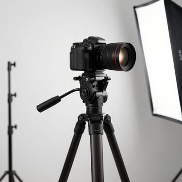 A professional digital camera on a tripod positioned in front of a clean white wall in a North American studio, softbox lighting visible on the side.