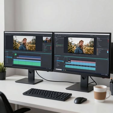 A bright workspace showing two computer monitors displaying high-resolution video content being edited, with a coffee mug and clean desk setup.