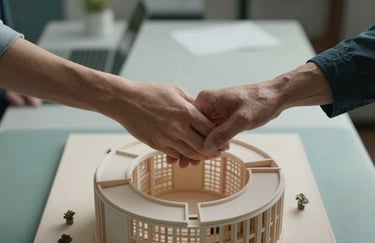 Two hands meeting over an architectural model on a light grey desk, surrounded by muted teal accents, depicting a successful partnership.