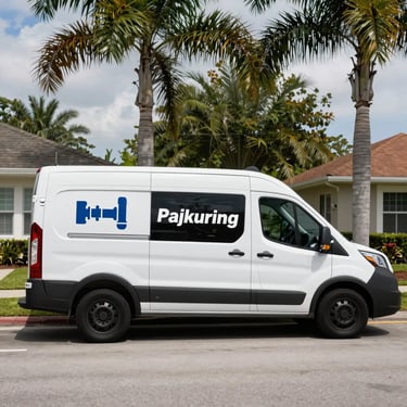 A white service van with professional plumbing branding parked on a clean street in an Orlando, Florida residential neighborhood, palm trees in the background.