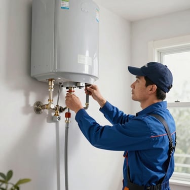 A plumber installing a modern silver water heater in a utility room, wearing professional gear, North American / US home, bright and clean composition.