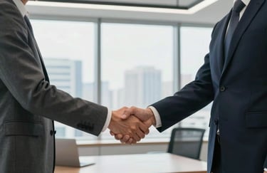 A wide photography shot of a professional handshake between two business partners in a bright, modern office with city views, North American / International Business attire.