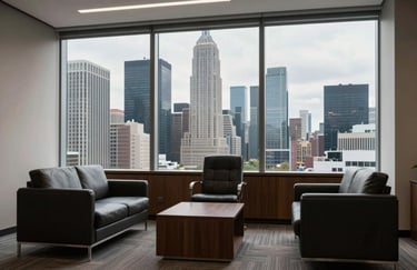A sharp, clear photograph of an executive office with modern furniture and a large window overlooking a professional skyline, North American / International Business style.