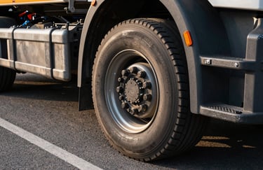 Close-up of a truck wheel and chassis on a clean asphalt road, reflecting sunlight, showing industrial strength and reliability.