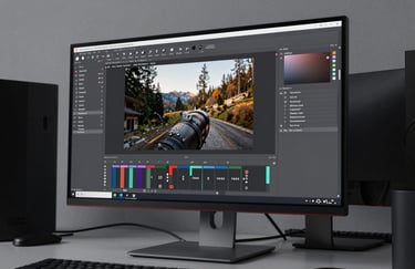 A close-up of a modern workstation with a high-resolution monitor displaying creative design work. The studio is a professional North American creative agency with cloud gray lighting.