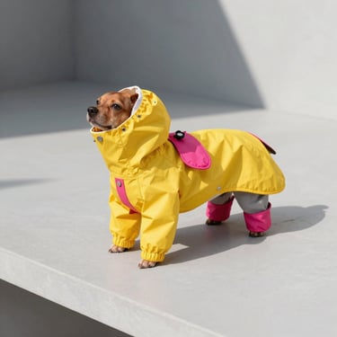 un chihuahua con un impermeable amarillo con rosado posando