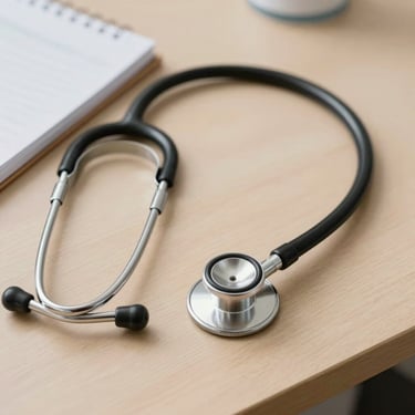 A professional stethoscope lying on a clean, light wood desk next to a notebook. Professional medical still life, soft lighting, South American clinic style.