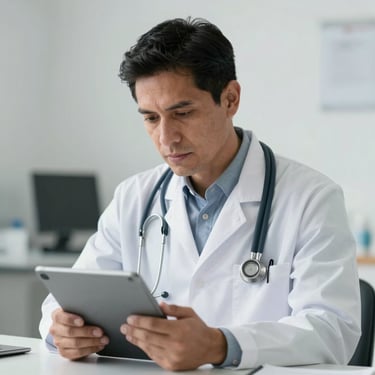 A South American male doctor in a white coat, looking focused and compassionate, using a tablet for patient records in a bright clinic.