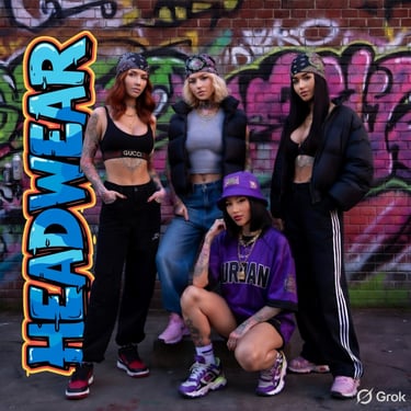 Four women modeling urban street style fashion with bandanas and bucket hats against a graffiti wall.