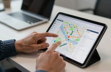 A close-up of a logistics manager's hands using a tablet displaying a map and tracking data, modern North American office setting.