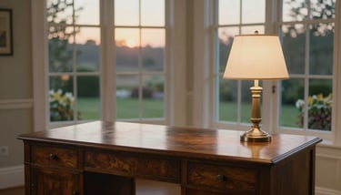 A collection of elegant book covers displayed on a rustic wooden table in a sunlit North American / US study, featuring warm earthy brown tones.